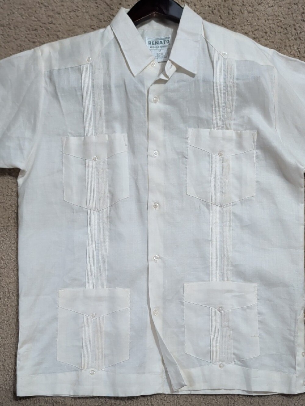 Renato Men's Linen Cream Short-Sleeve Guayabera Button-Down Shirt Medium